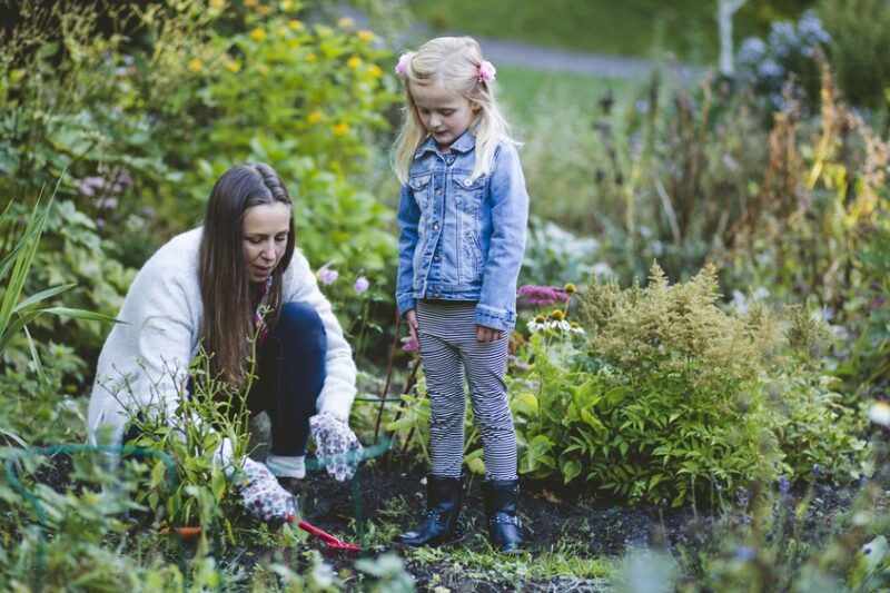 Mamma och flicka gör trädgårdsarbete i grönskande trädgård