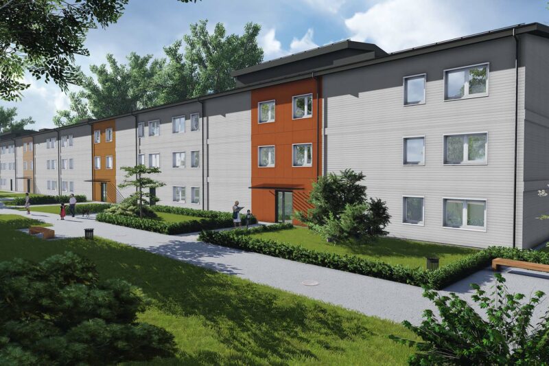 Skissbild som visar huset med grönska utanför